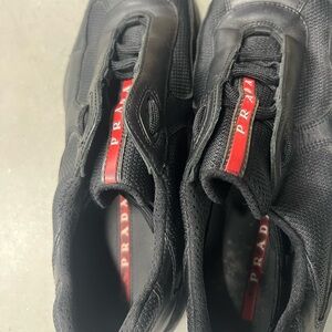 Prada Black Mesh & Leather Sneakers with Red Logo, sole need replacements